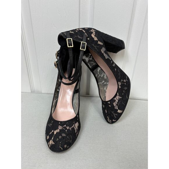 Kate Spade Black Lace Double Strap Chunky Heels - Size 10 - Picture 4 of 11
